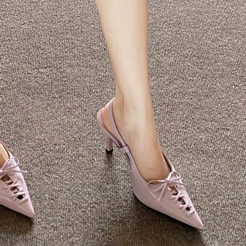 Strappy Heeled Sandals - European-style Pointed-toe, Slim Heel, Bow Tie,
